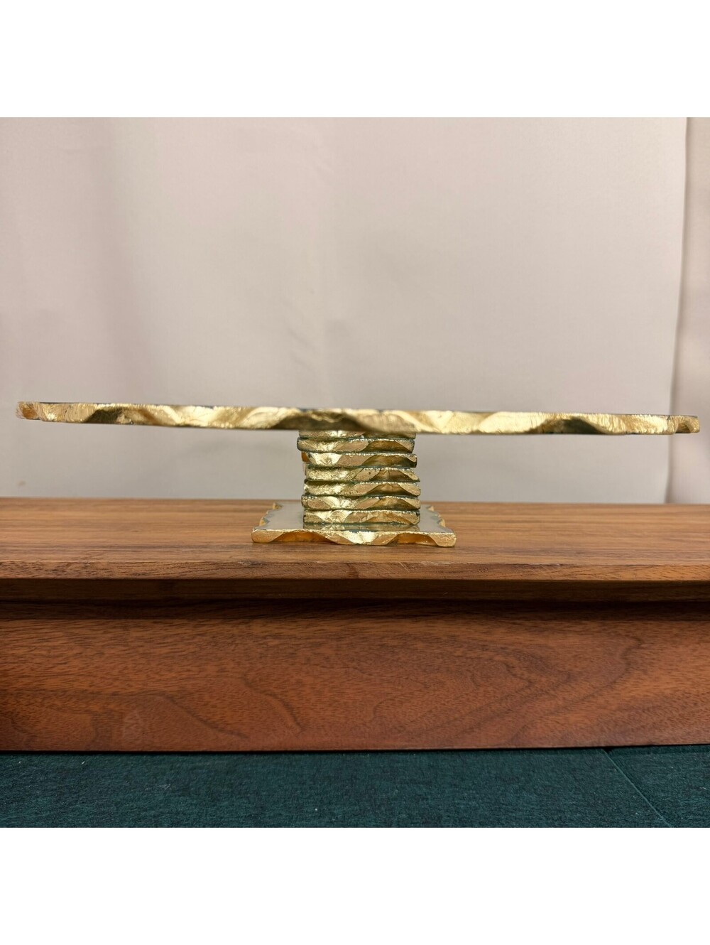 Vintage Godinger Harper 13" Decorative Glass Cake Stand Gold Trim Wavy Edges